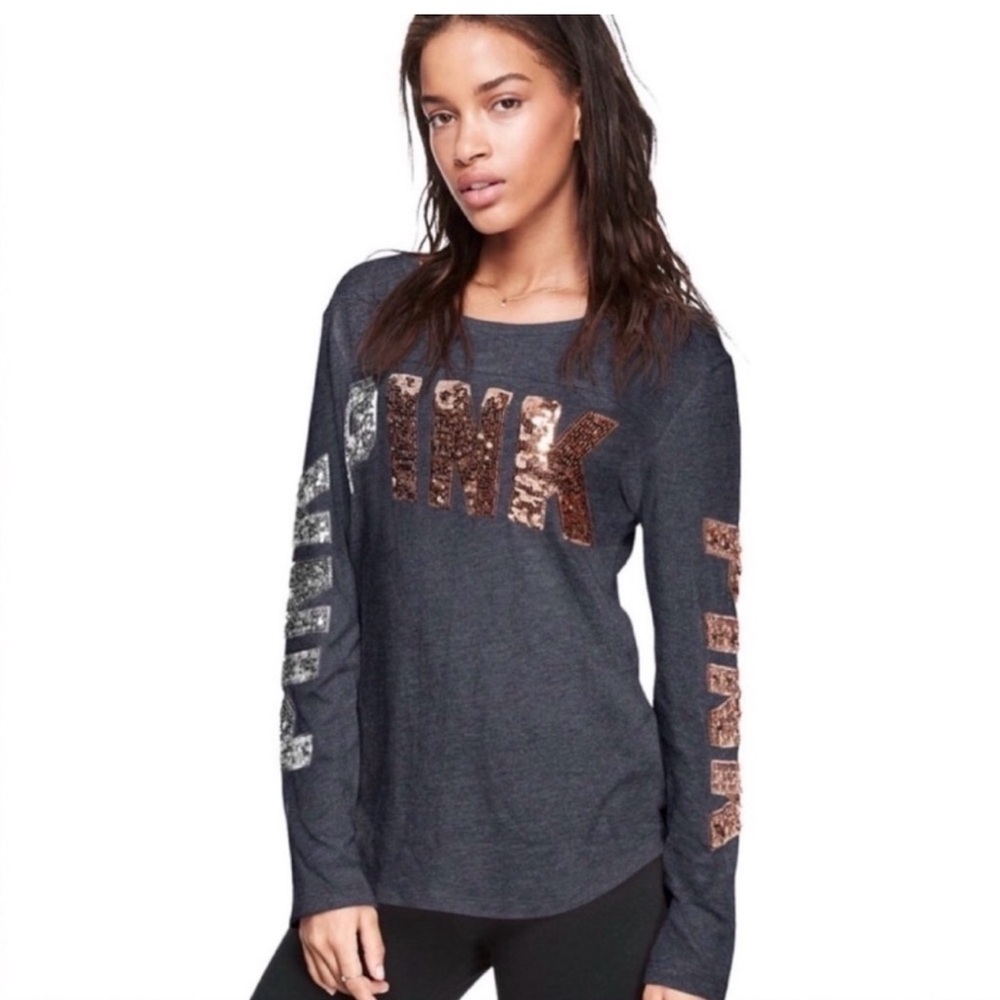 PINK Victoria's Secret Dark Gray Long-Sleeve Sequin Logo Top